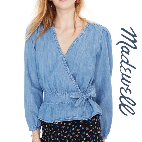Madewell Tops - MADEWELL | Denim Puff-Sleeve Peplum Wrap Top
